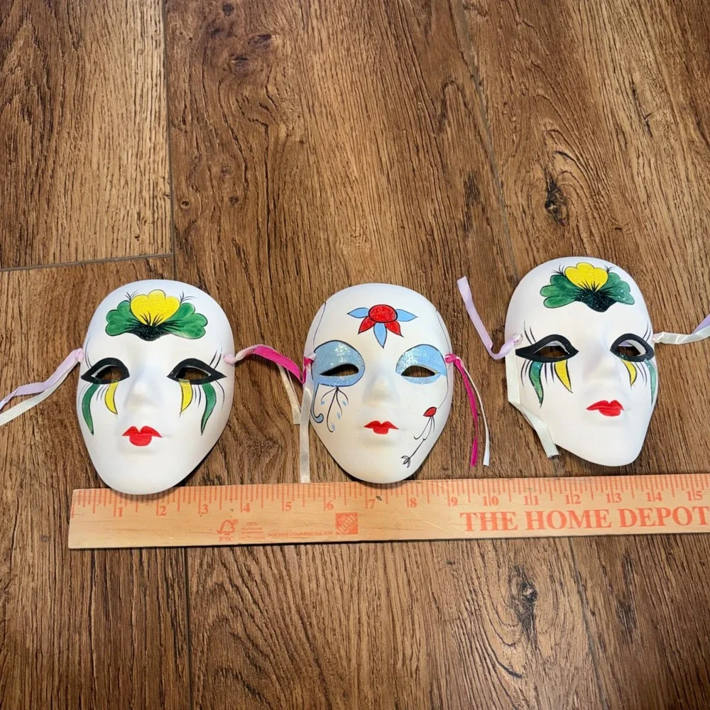 Vintage Hand Painted Ceramic Harlequin Masks Set of 3 Glitter Ribbon Decor 5.5in